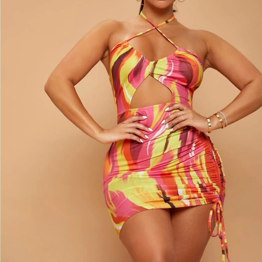 SHEIN SXY Brush Print Backless Cut Out Drawstring Side Halter Dress